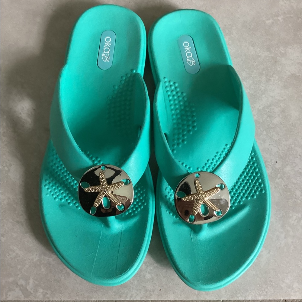 🏖️ OKA B Sandy flip flops turquoise silver EUC - Picture 3 of 9